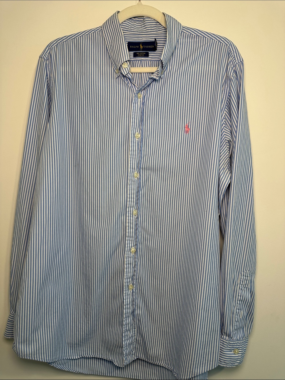 Ralph Lauren Light Blue and White Striped Dress Shirt with Pink Pony